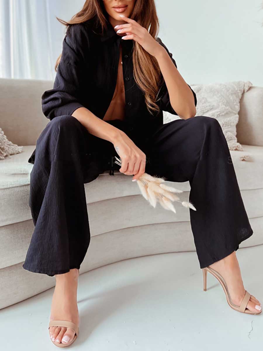Stunncal Loose Stretch Wrinkle Long Sleeve Shirt Wide Leg Pants Casual Suit