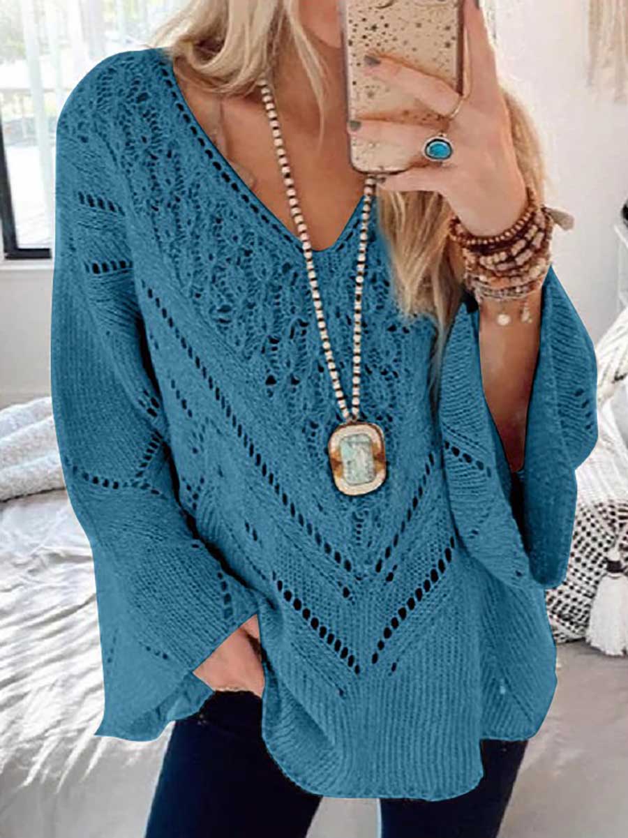 Stunncal Loose Long Sleeve Cutout V-Neck Sweater