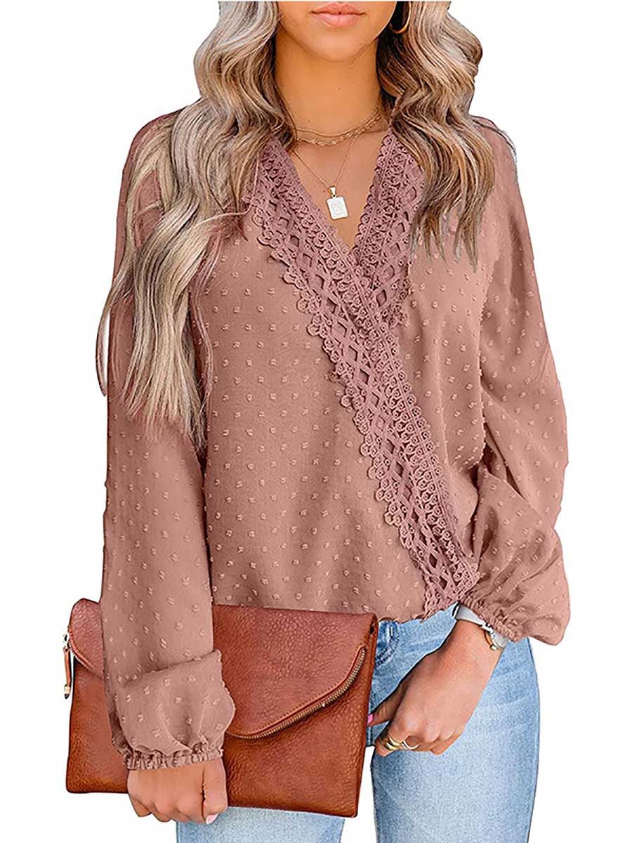 Stunncal Chiffon Casual Lace Blouse V-Neck Top