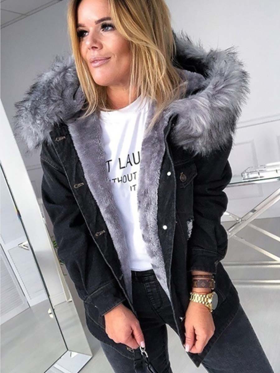 Stunncal Padded Warm Hole Large Fur Collar Denim Jacket(4 colors)
